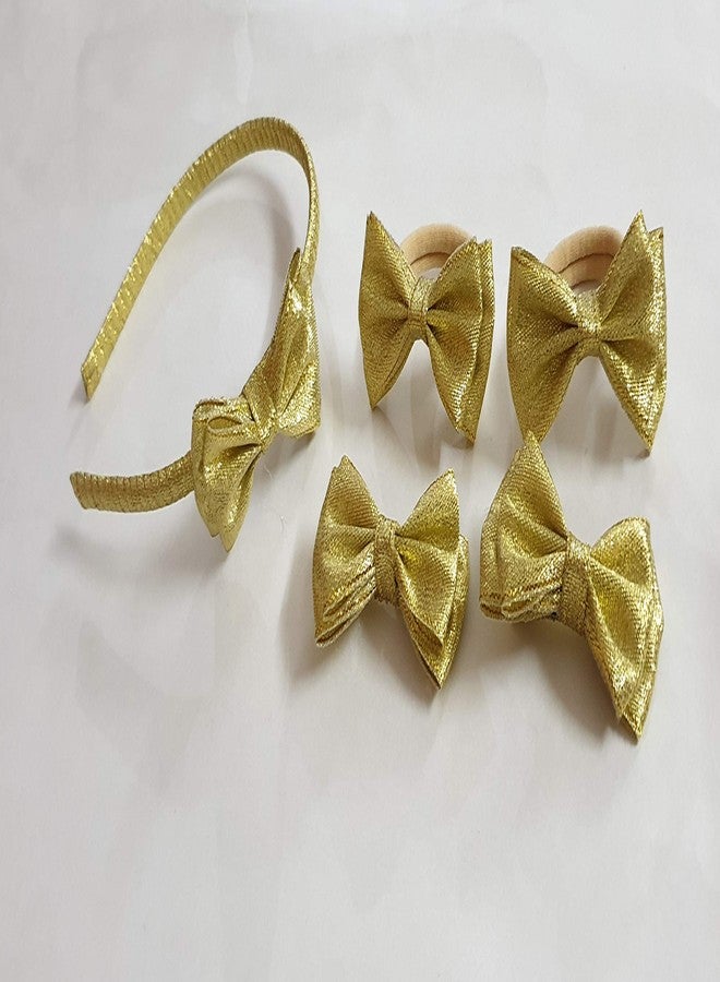 Belleza Crafting with Creativity Hair Accessories Set-5/ Bow Hairband with Bow Hairclip and Bow Ponytail Band/Combo Set for Girls Pattern1 (Golden SHDD1) - Image 2